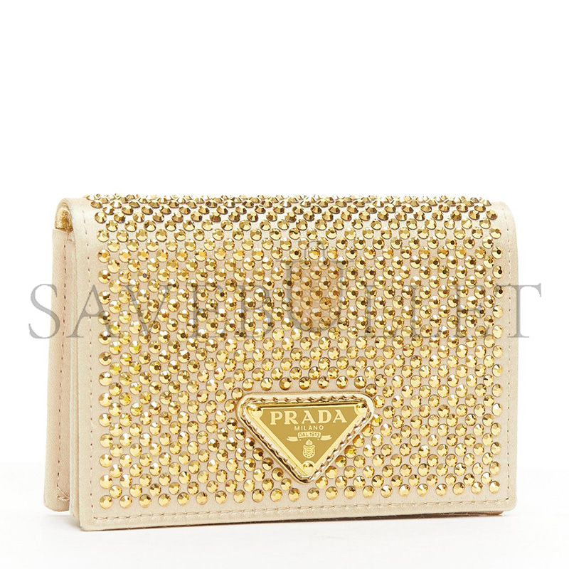 Pra*a satin crystal metal triangle logo card holder with strap cristal 1mr024 (11.5*8cm)